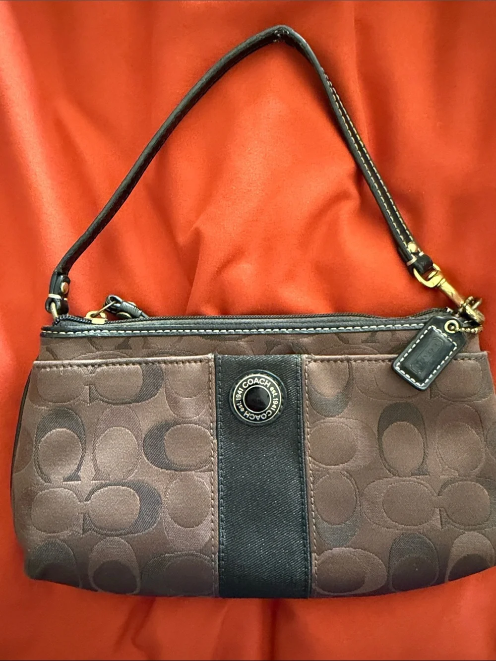 Coach Brown Signature Canvas Wristlet with Dark Trim